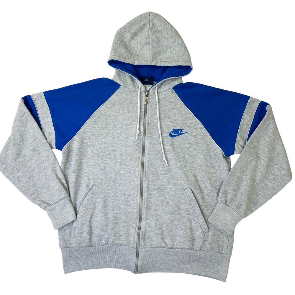 Vintage Nike Full Zip Hoodie Mens Medium Gray Blue Colorblock Raglan Sweatshirt